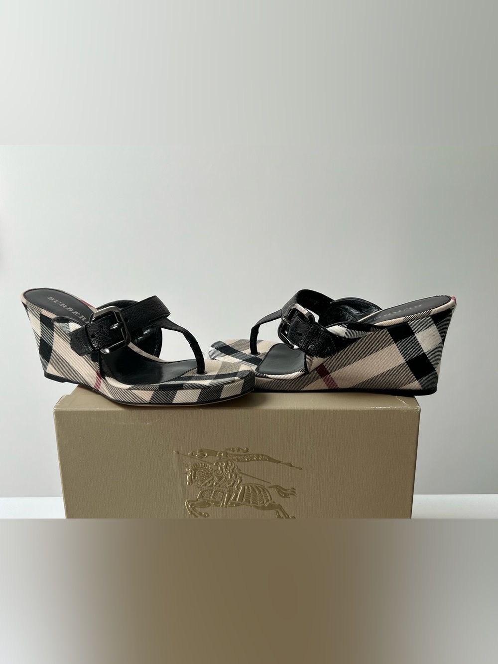 Burberry Novacheck Leather and Buckle Wedges, Size 6.5